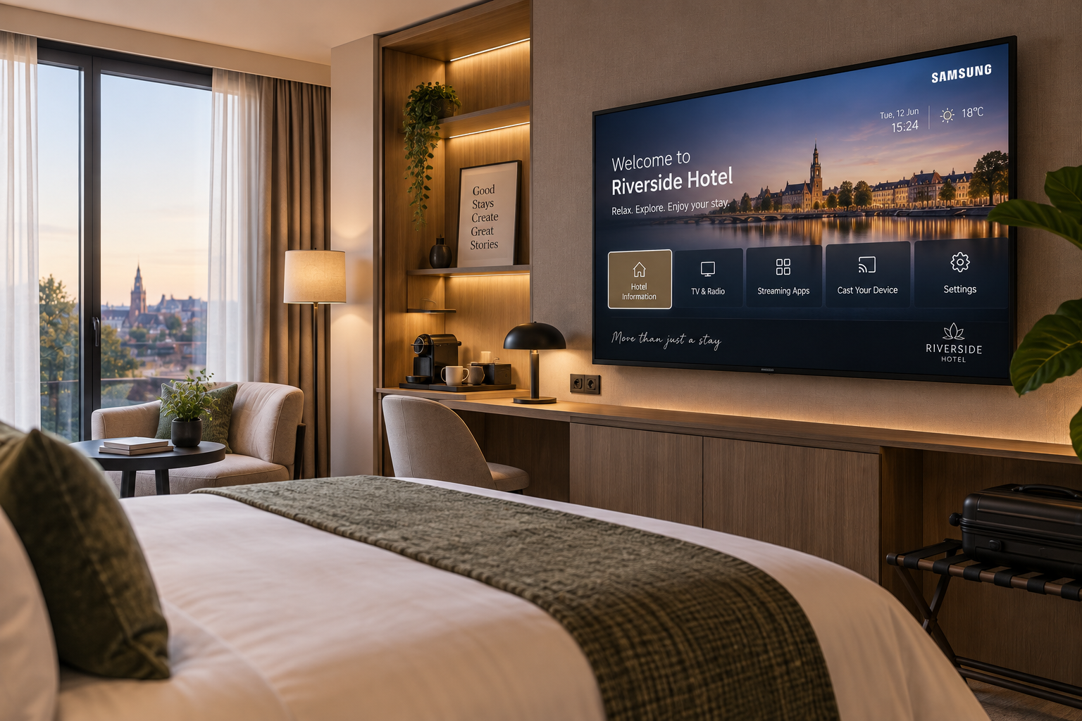 Gezellige hotelkamer met uitzicht en smart-tv Hotel TV met startscherm vol apps en websites zoals Netflix en YouTube zichtbaar