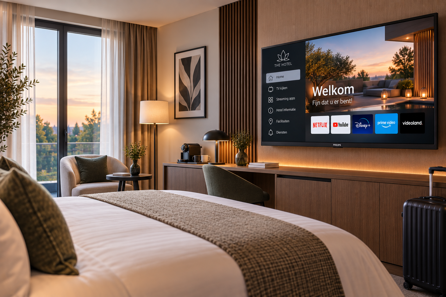 Hotelkamer bij zonsondergang Gasten gebruiken Philips-Hotel-TV systeem met interactieve functies in hotelkamer