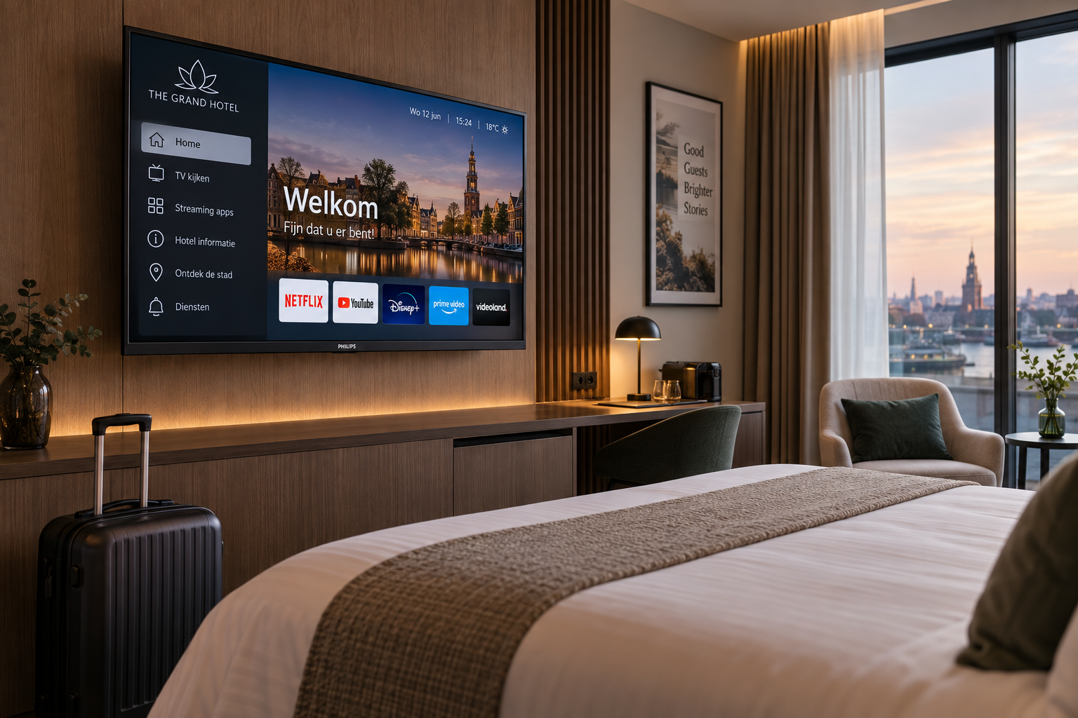 Stijlvolle hotelkamer met welkomstscherm
